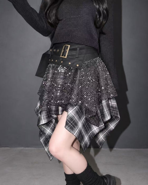 メッシュ×チェックレイヤードスカート