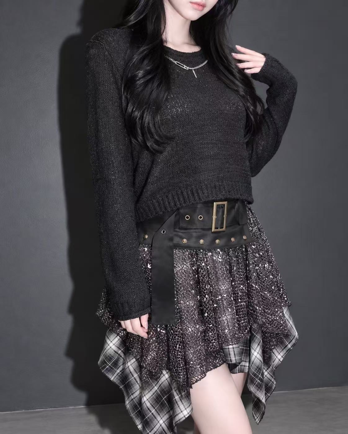 メッシュ×チェックレイヤードスカート