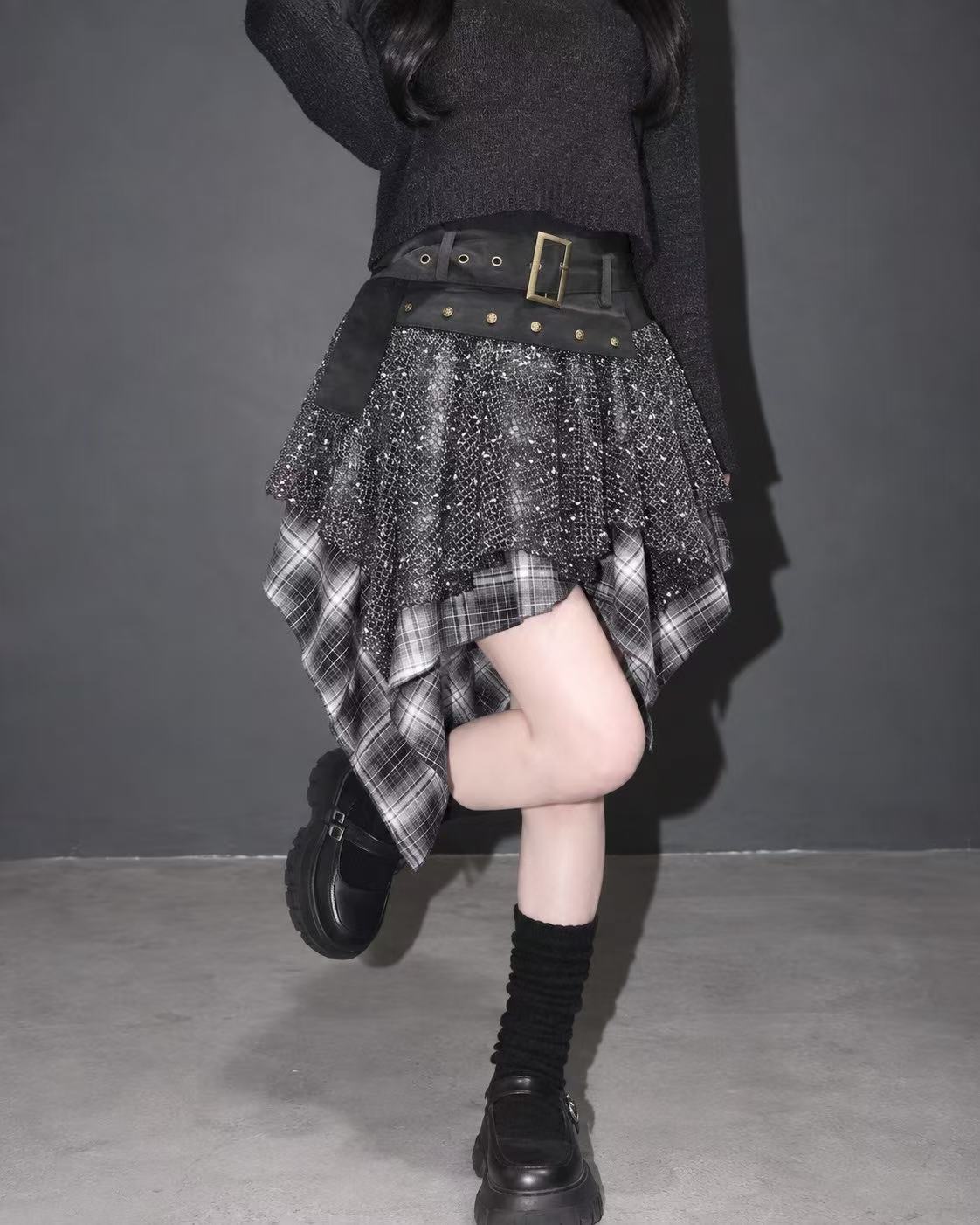 メッシュ×チェックレイヤードスカート