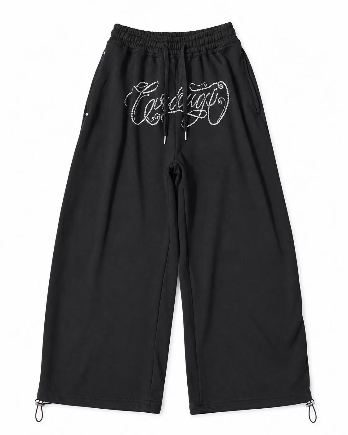 ラインストーンロゴドロストワイドパンツ